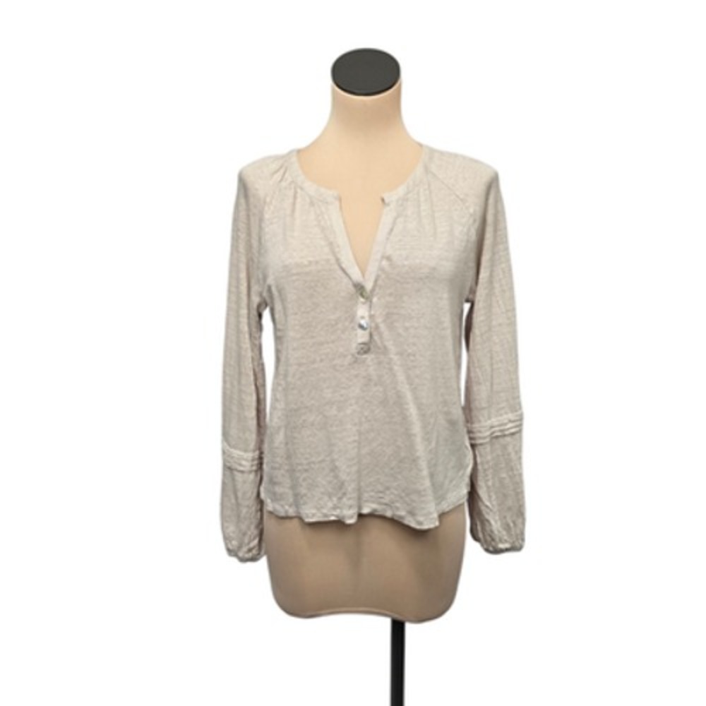 Calypso Shirt Womens Large Beige 100% Linen‎ Long Sleeve Button Henley Top